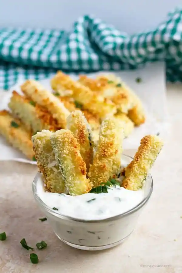 Korean Zucchini Fries with Roasted Garlic Dipping Sauce