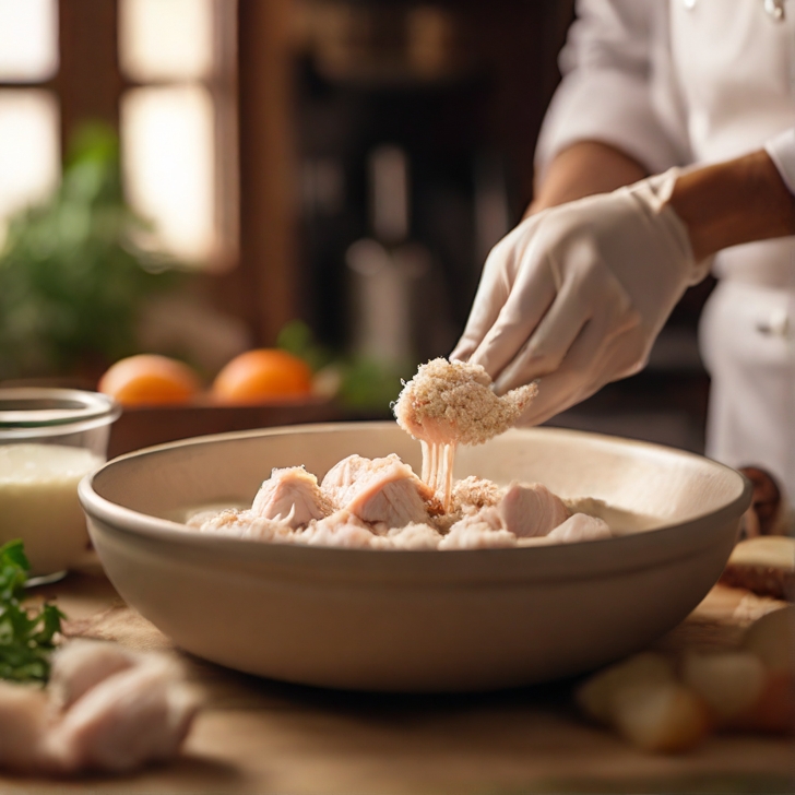 A close-up image of a chef in a home kitchen, dipping raw chicken pieces into a bowl of buttermilk before coating them in breadcrumbs. Artistic style: Warm, inviting colors and a soft-focus background to create a cozy atmosphere