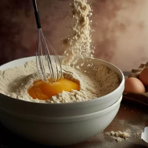 Now, take a large bowl. Add gluten-free rice flour and eggs to the bowl and whisk them together