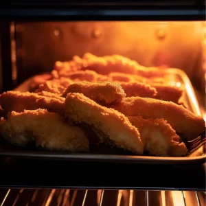 Then it's time for baking. Fall the covered chicken strips into the hot oil slowly one by one. Toast them for up to 10 minutes. Continue baking until they turn golden brown and crunchy