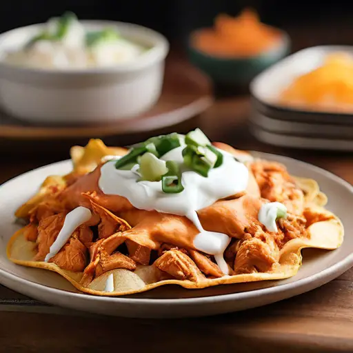 An image of a plate loaded with buffalo chicken nachos fresh out of an air fryer. The nachos are layered with spicy buffalo chicken, melted cheese, chopped green onions, and a dollop of sour cream on top. The air fryer is visible in the background. The image should have a warm, inviting vibe with a rustic setting. Color Palette: Golden browns, bright greens, creamy whites, and spicy reds against a wooden table background. Style: Realistic with a touch of soft lighting for a homely feel.