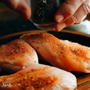 Add seasonings, salt, and cracked pepper to the chicken breasts. They will make the chicken tasty